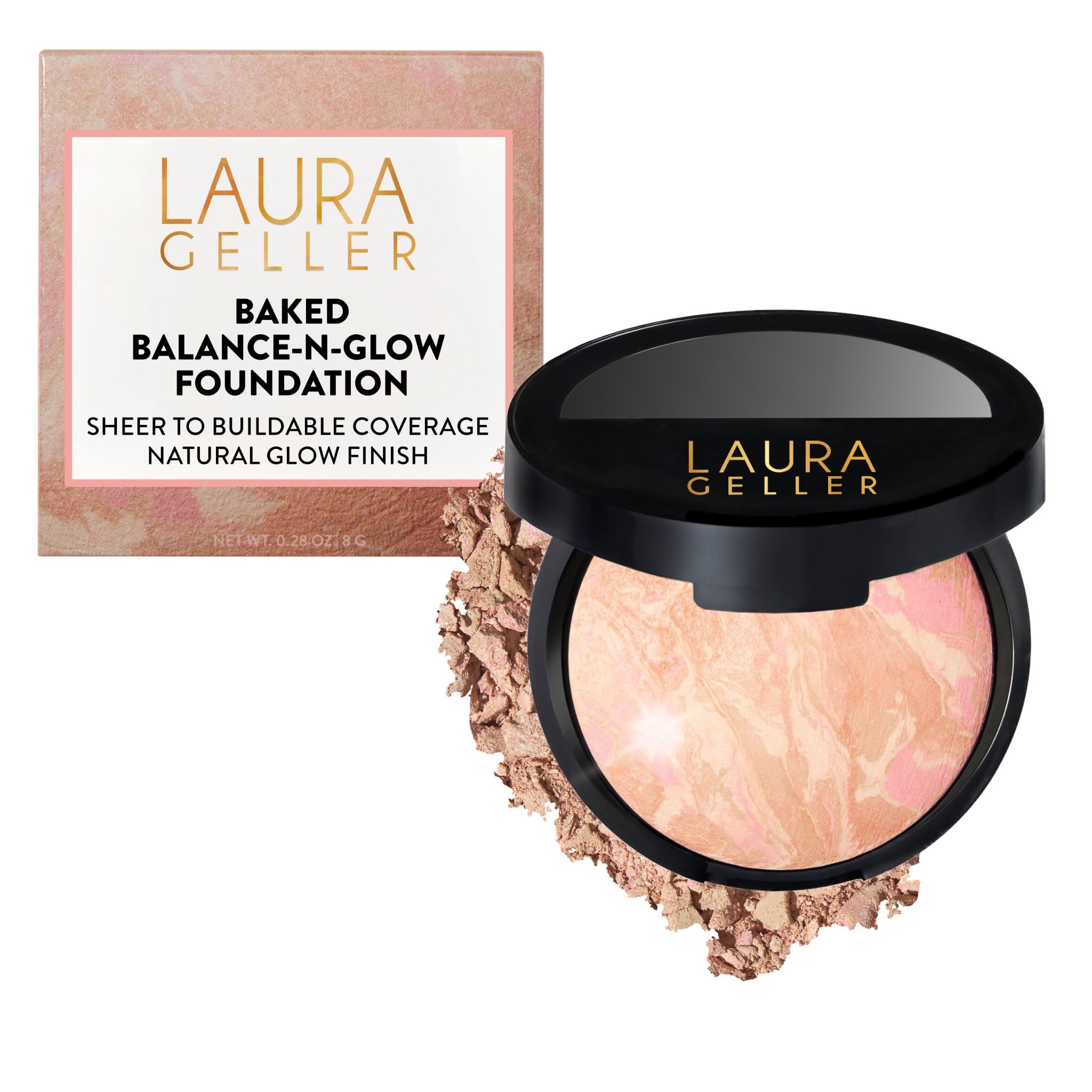 LAURA GELLER NEW YORK Baked Balance-n-Glow Illuminating Powder Foundation – Fair – Handmade in Italy – Pearl-Infused Satin Finish – Vitamin C Brightening – Buildable Sheer Coverage – For Mature Skin