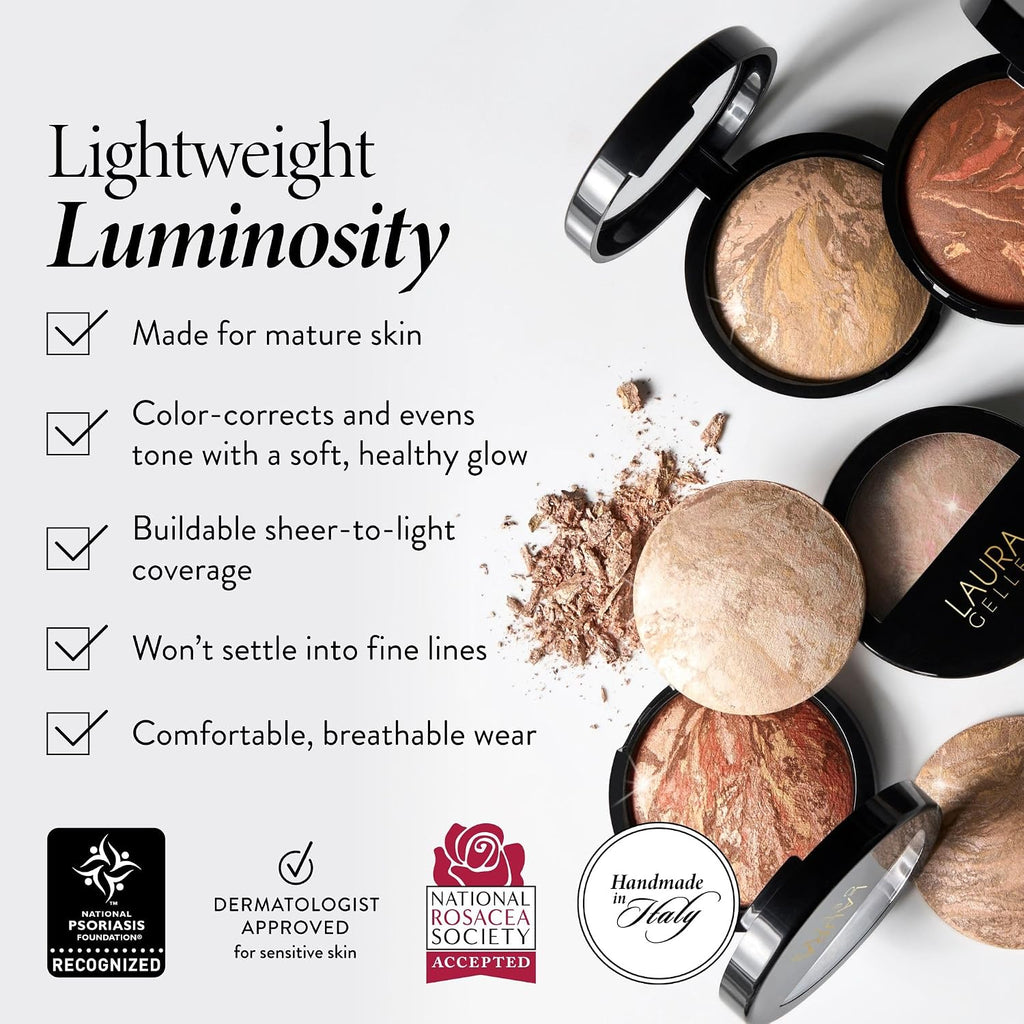LAURA GELLER NEW YORK Baked Balance-n-Glow Illuminating Powder Foundation – Fair – Handmade in Italy – Pearl-Infused Satin Finish – Vitamin C Brightening – Buildable Sheer Coverage – For Mature Skin