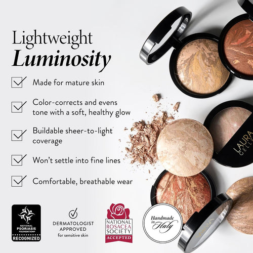 LAURA GELLER NEW YORK Baked Balance-n-Glow Illuminating Powder Foundation – Fair – Handmade in Italy – Pearl-Infused Satin Finish – Vitamin C Brightening – Buildable Sheer Coverage – For Mature Skin